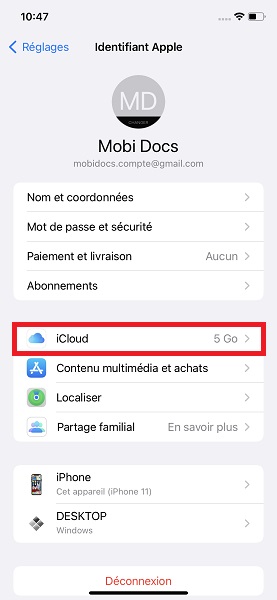 Copier vos données grâce au compte iCloud.